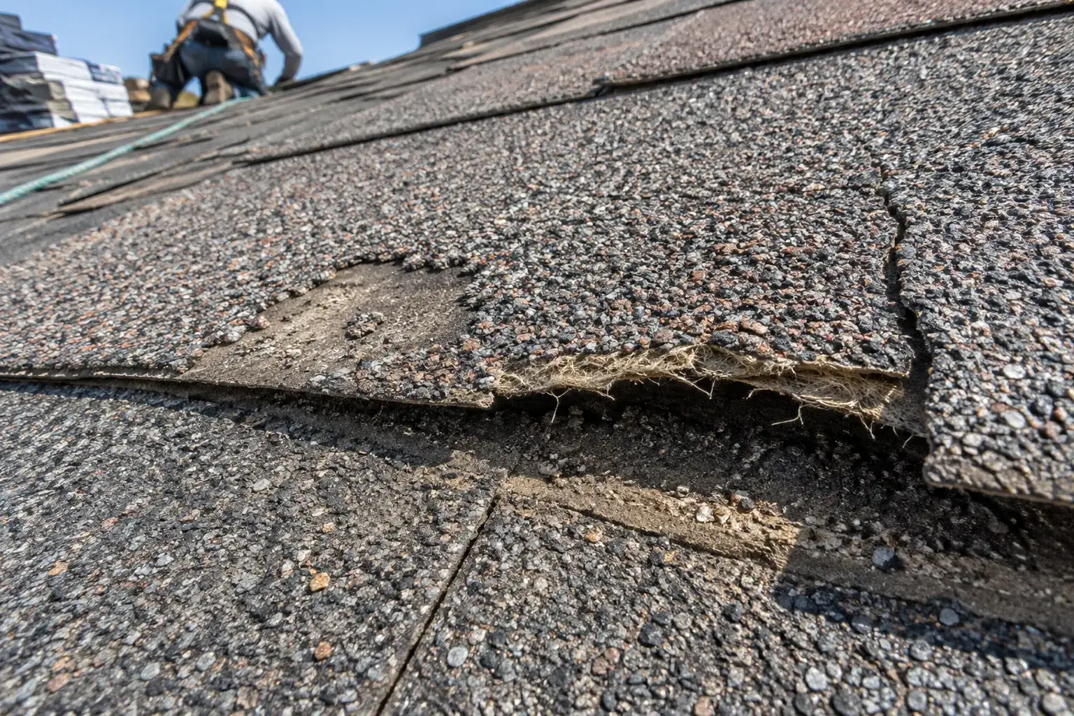 Close-up of aging asphalt shingles with cracked, curled tabs